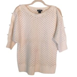 Lauren Michelle Sweater Womens S Cream Pointelle Pearl Accent Dolman Sleeve